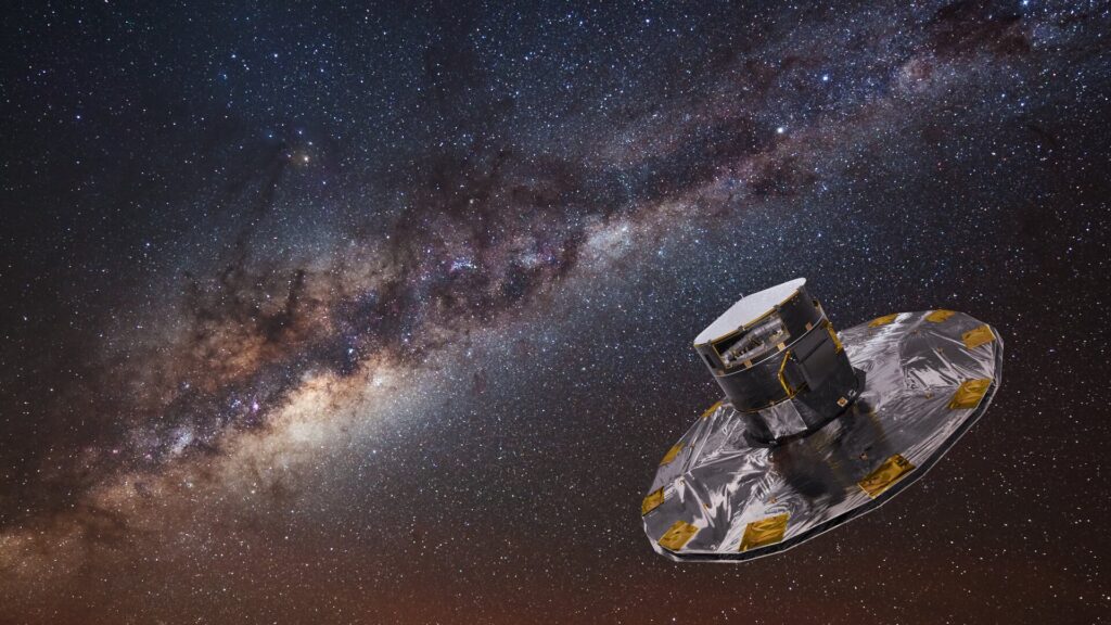 The Gaia spacecraft over a background of the Milky Way